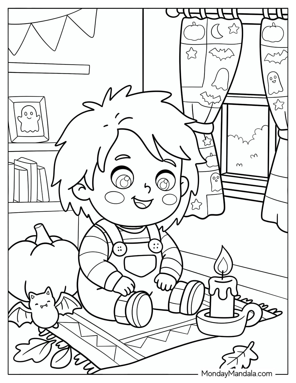 Chibi Chucky Coloring Page Watching A Candle for Kids