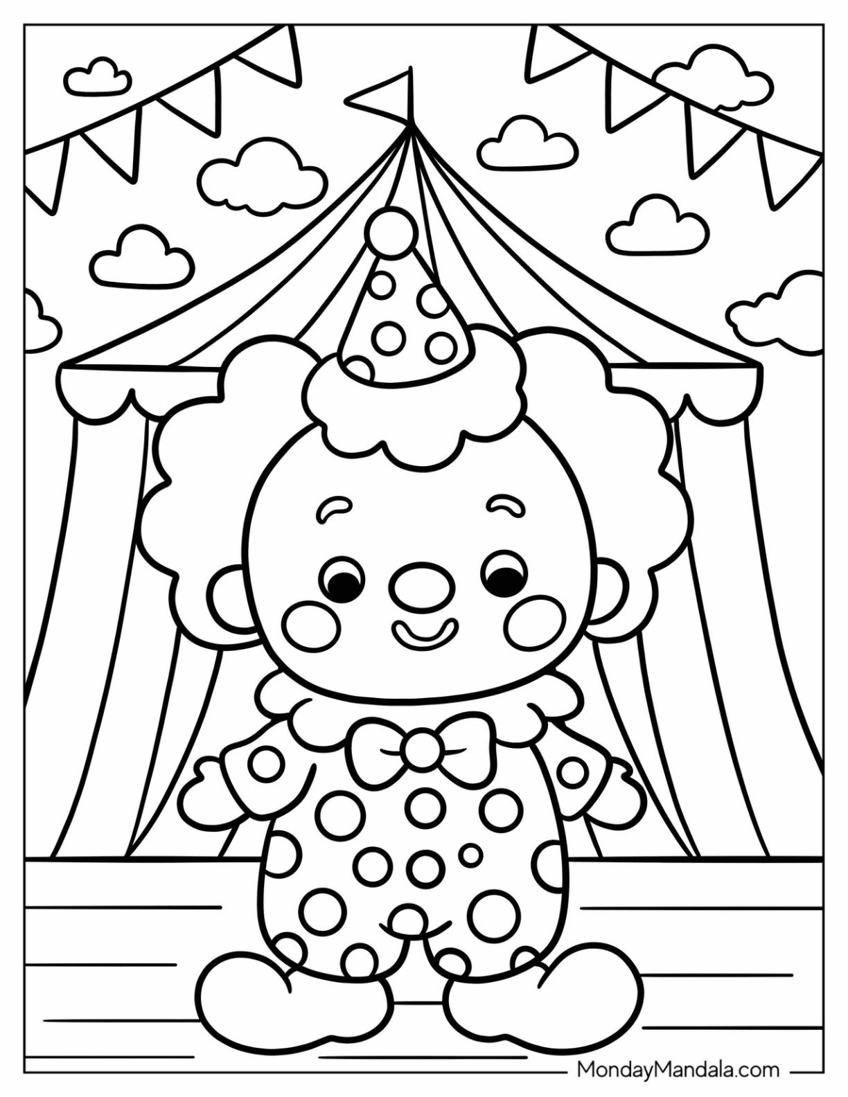 Chibi Clown in Polka Dot Costume in Front of Circus Tent Coloring Sheet for Preschoolers
