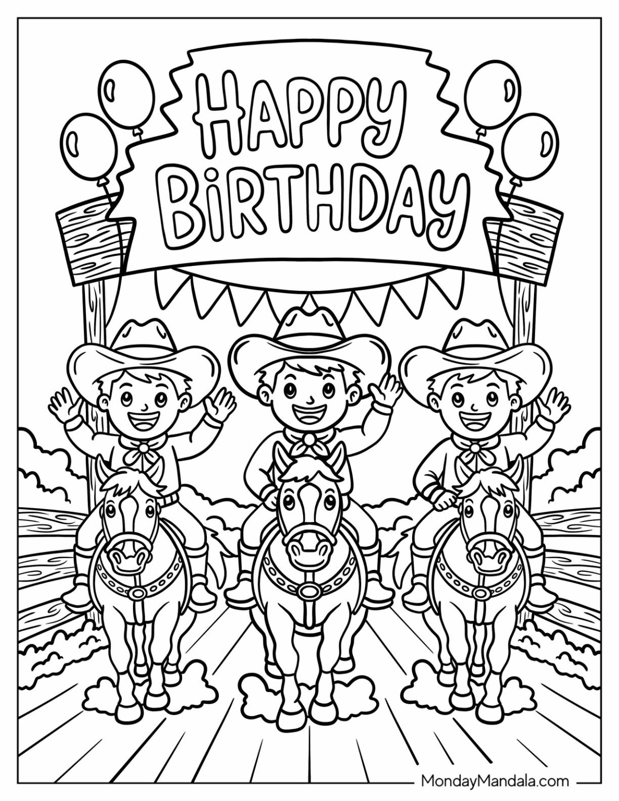 Chibi Cowboys on Horses with Happy Birthday Coloring Page for Kids