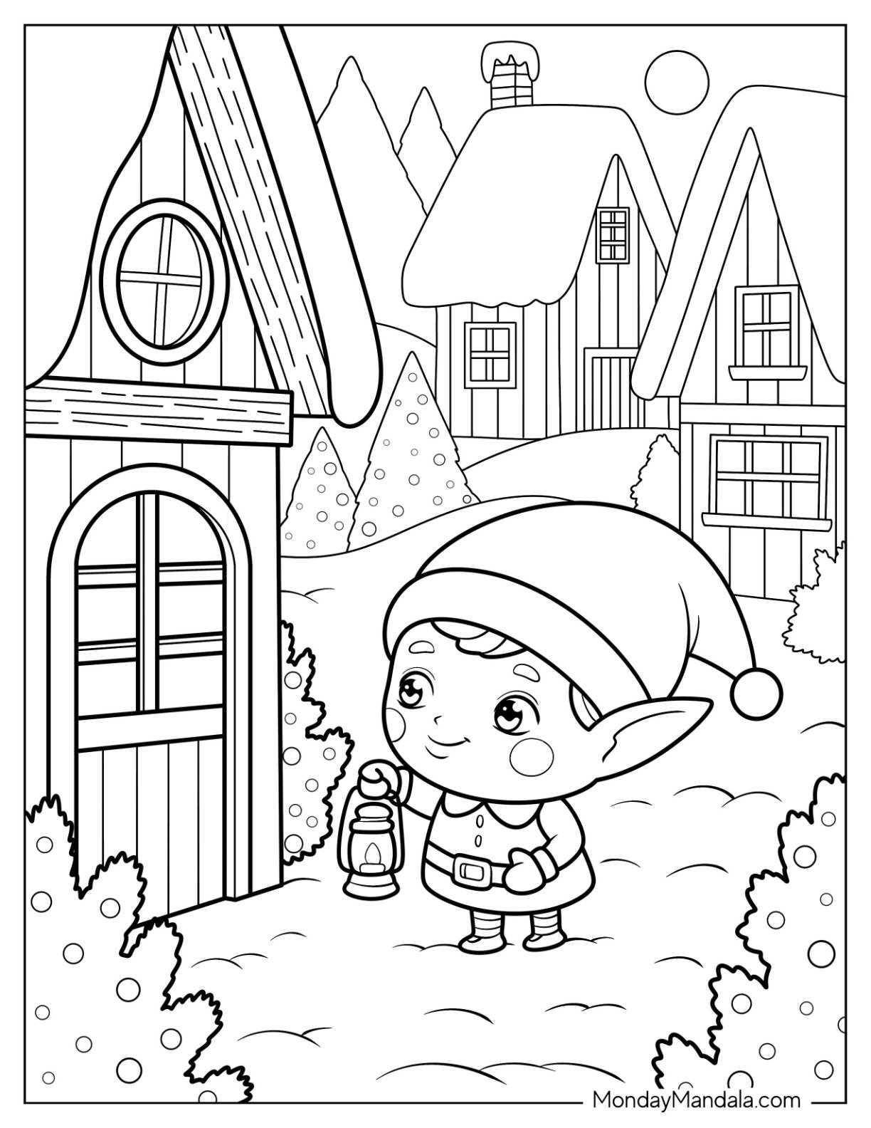 Chibi Elf Coloring Page Holding Lantern in Snowy Christmas Village For Kids