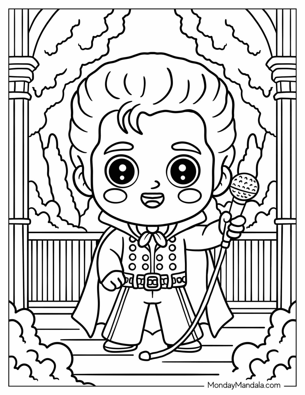 Chibi Elvis Coloring Page Singing and Dancing in Gazebo for Preschoolers