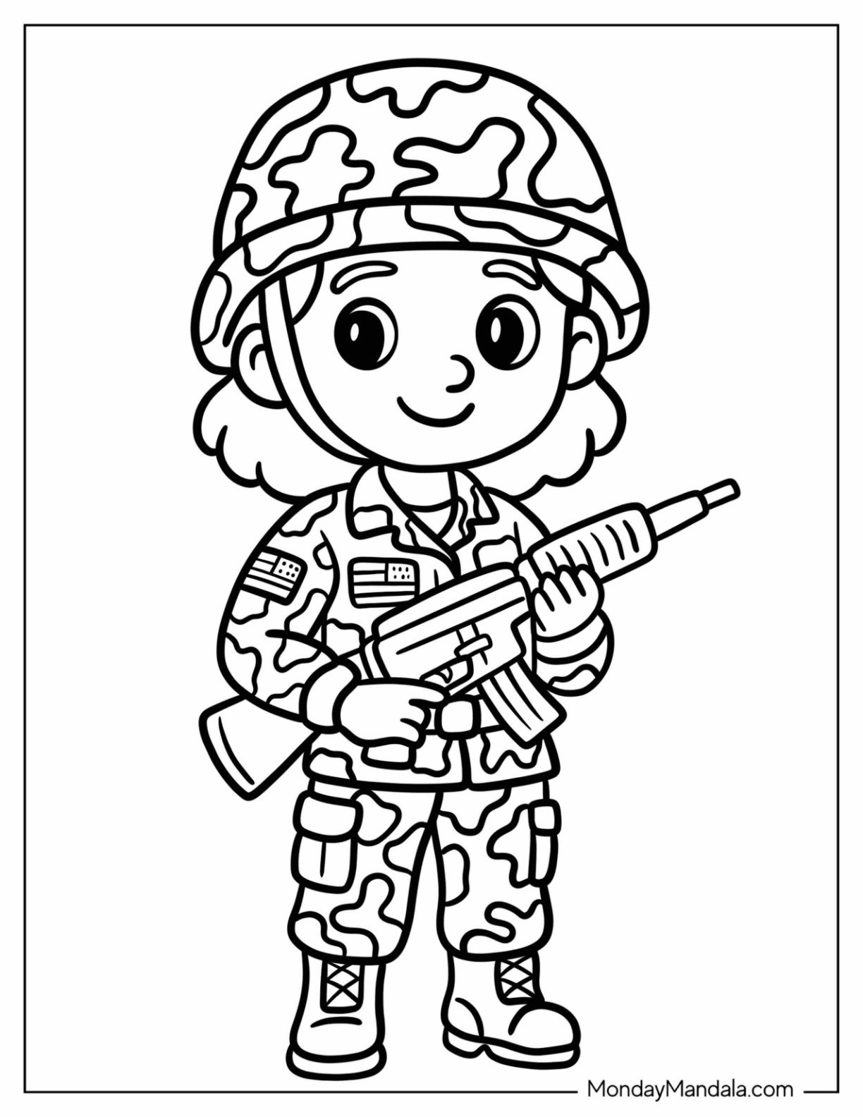 Chibi Female Soldier Coloring Page Holding a Gun for Kids