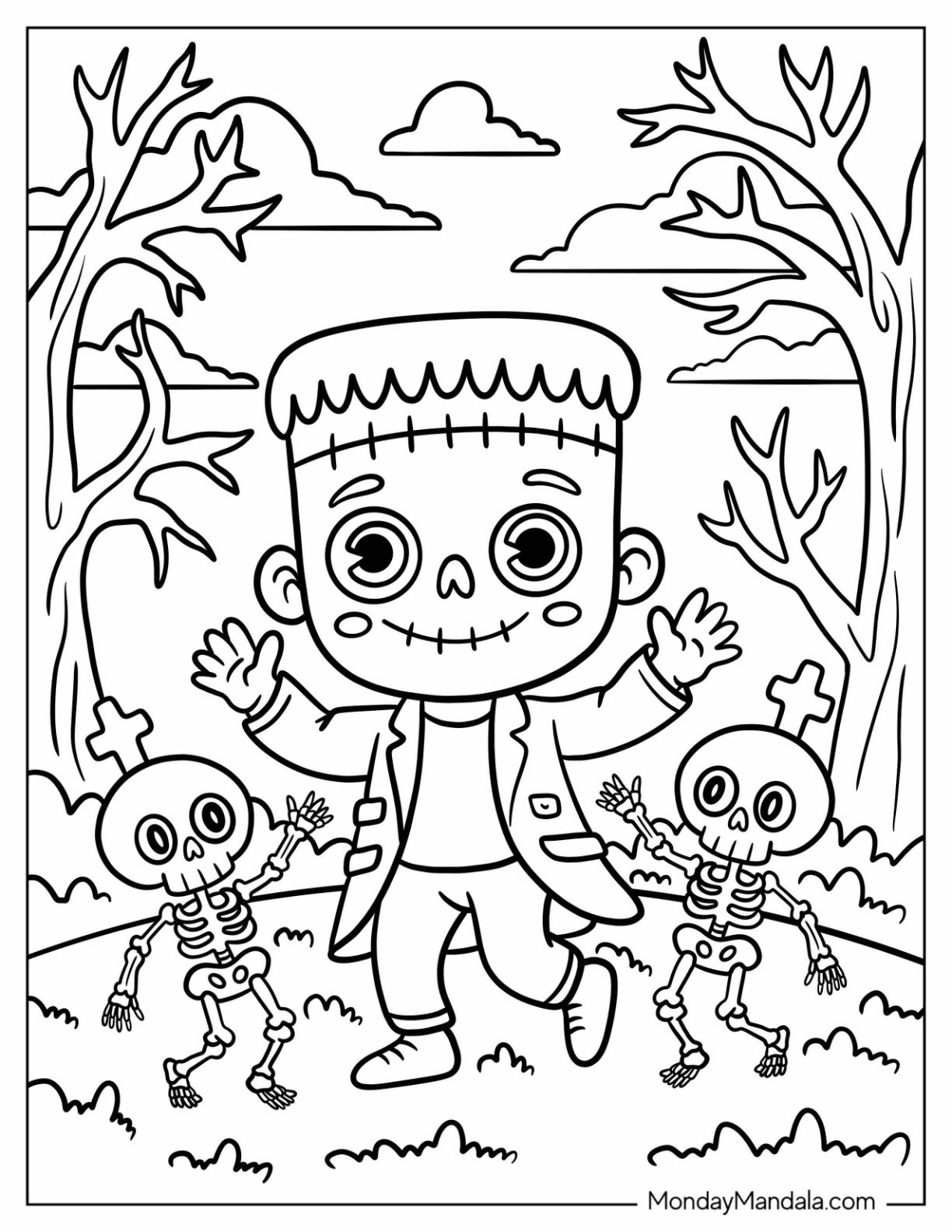 Chibi Frankenstein Coloring Page Dancing in a Haunted Forest with Skeletons