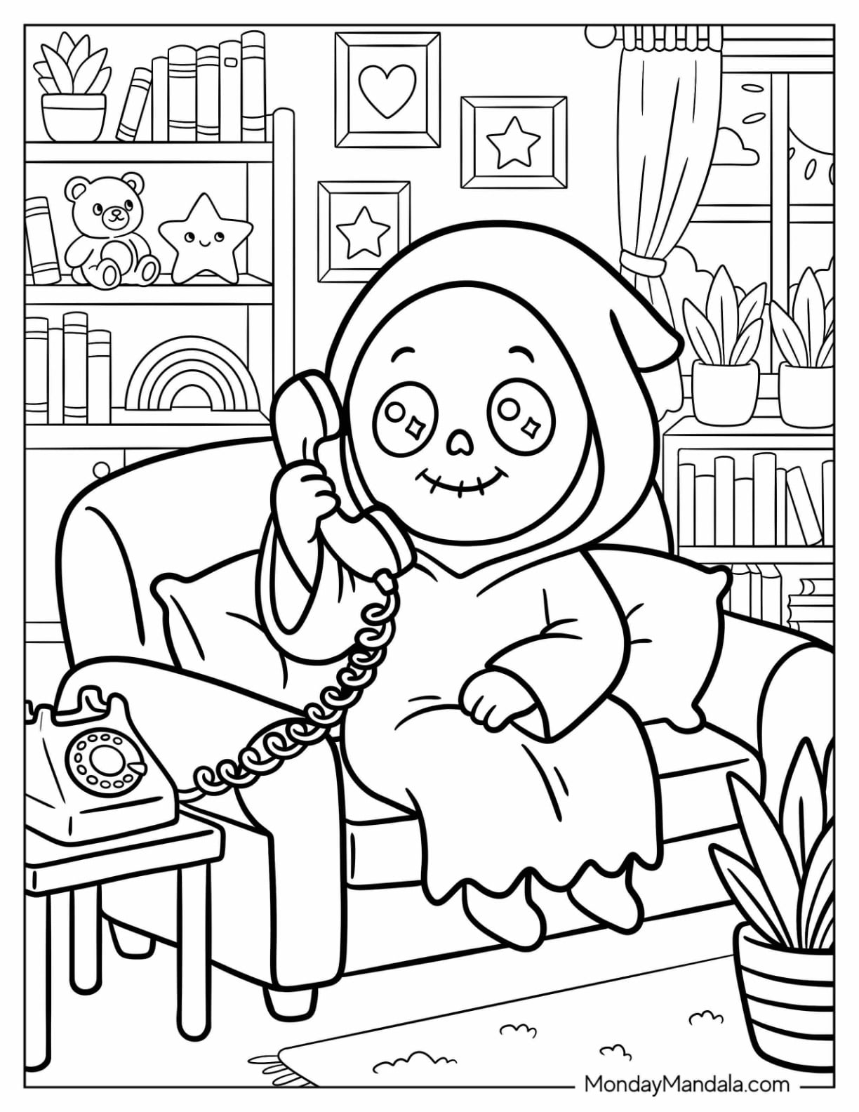 Chibi Ghost Face Using The Telephone Coloring Page for Kids