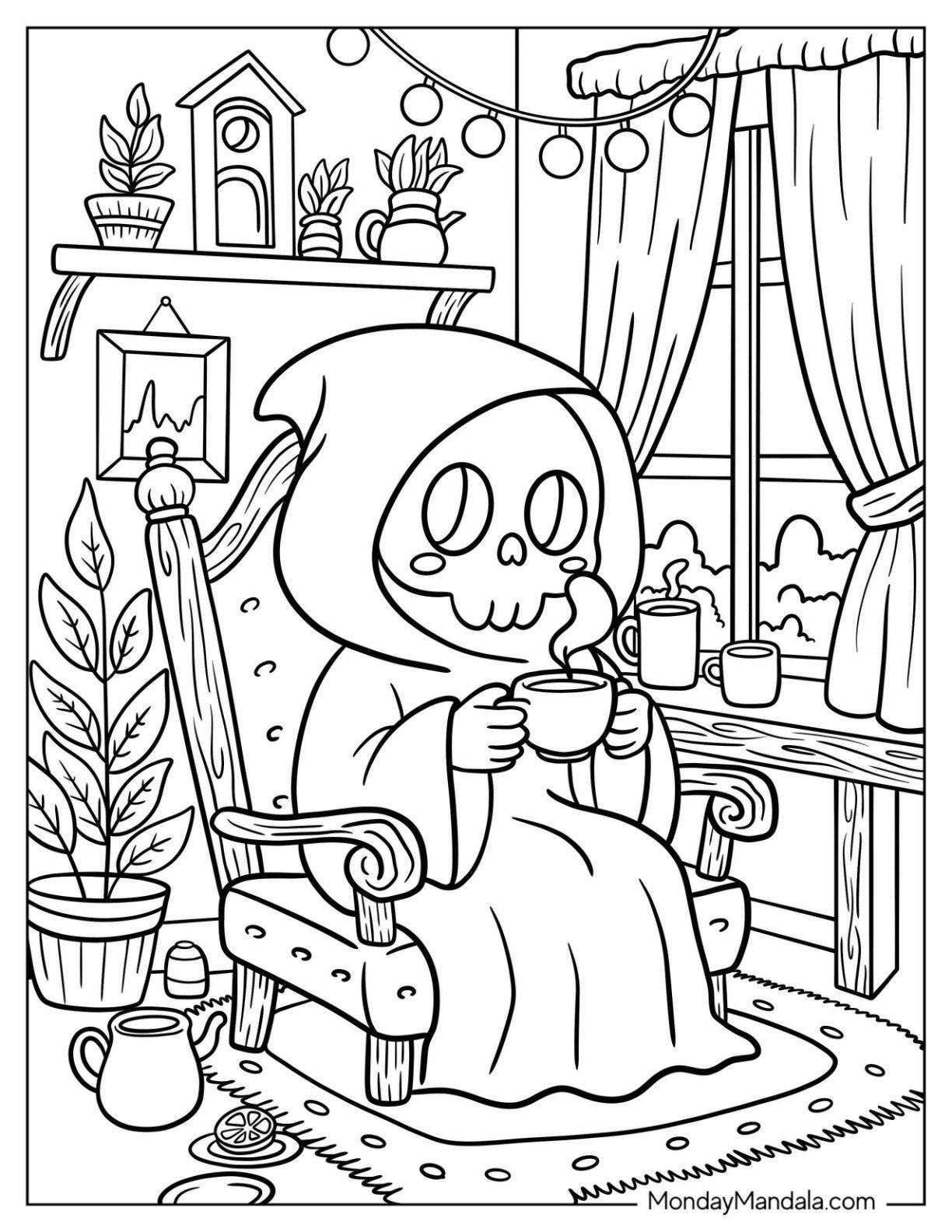 Chibi Grim Reaper Coloring Page Drinking Tea in an Armchair for Kids