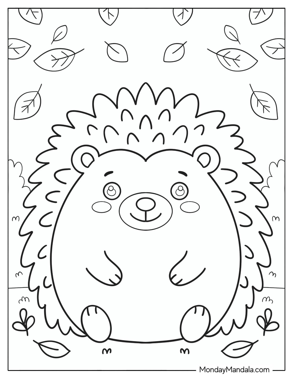Chibi Hedgehog Surrounded by Fall Leaves Coloring Sheet for Preschoolers