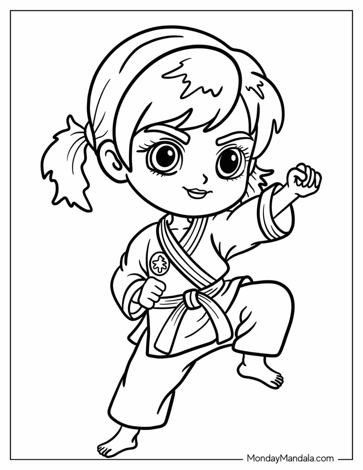 Chibi Karate Coloring Page of Girl in Fighting Stance for Kids