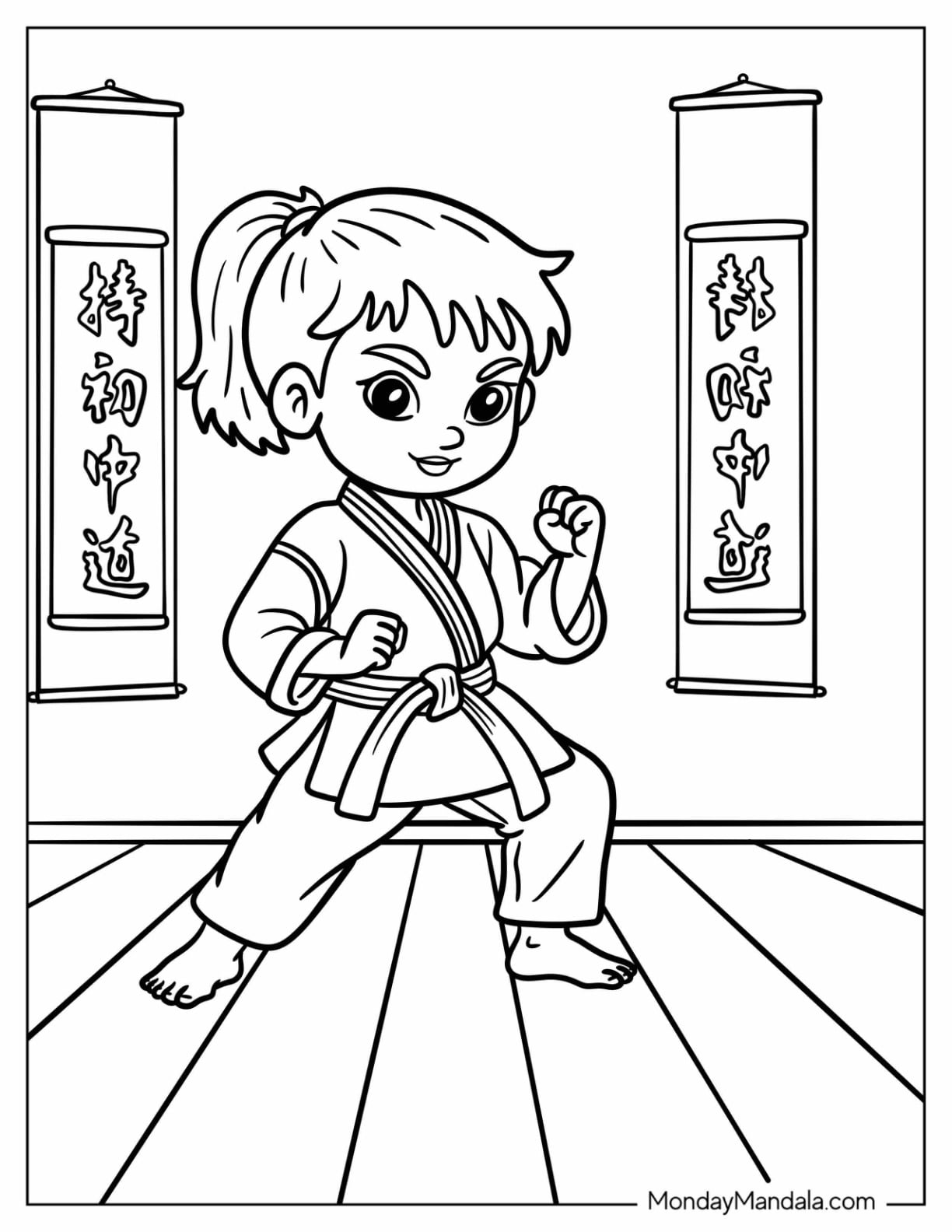 Chibi Karate Girl in a Dojo Coloring Sheet for Kids