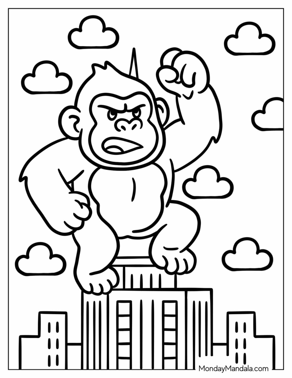 Chibi King Kong Coloring Page Waving Fist in the Sky for Preschoolers