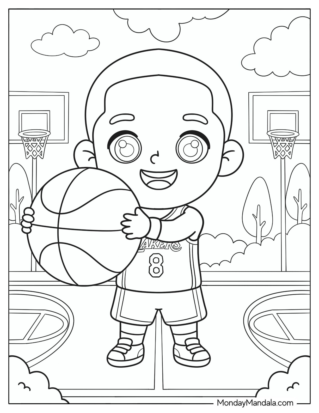 Chibi Kobe Bryant Wearing Number 8 Jersey with a Basketball Coloring Page for Kids