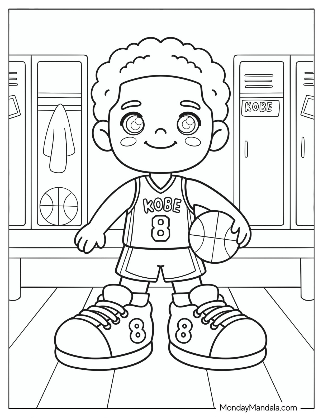 Chibi Kobey Bryant with Number Eight Shoes in a Locker Room Coloring Sheet for Preschoolers