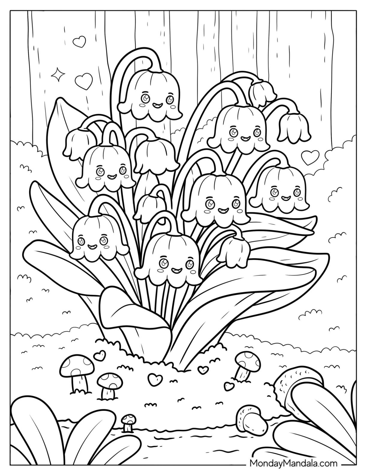 Flower Coloring Page of Chibi Lilly of the Valley Bells on the Forest Floor