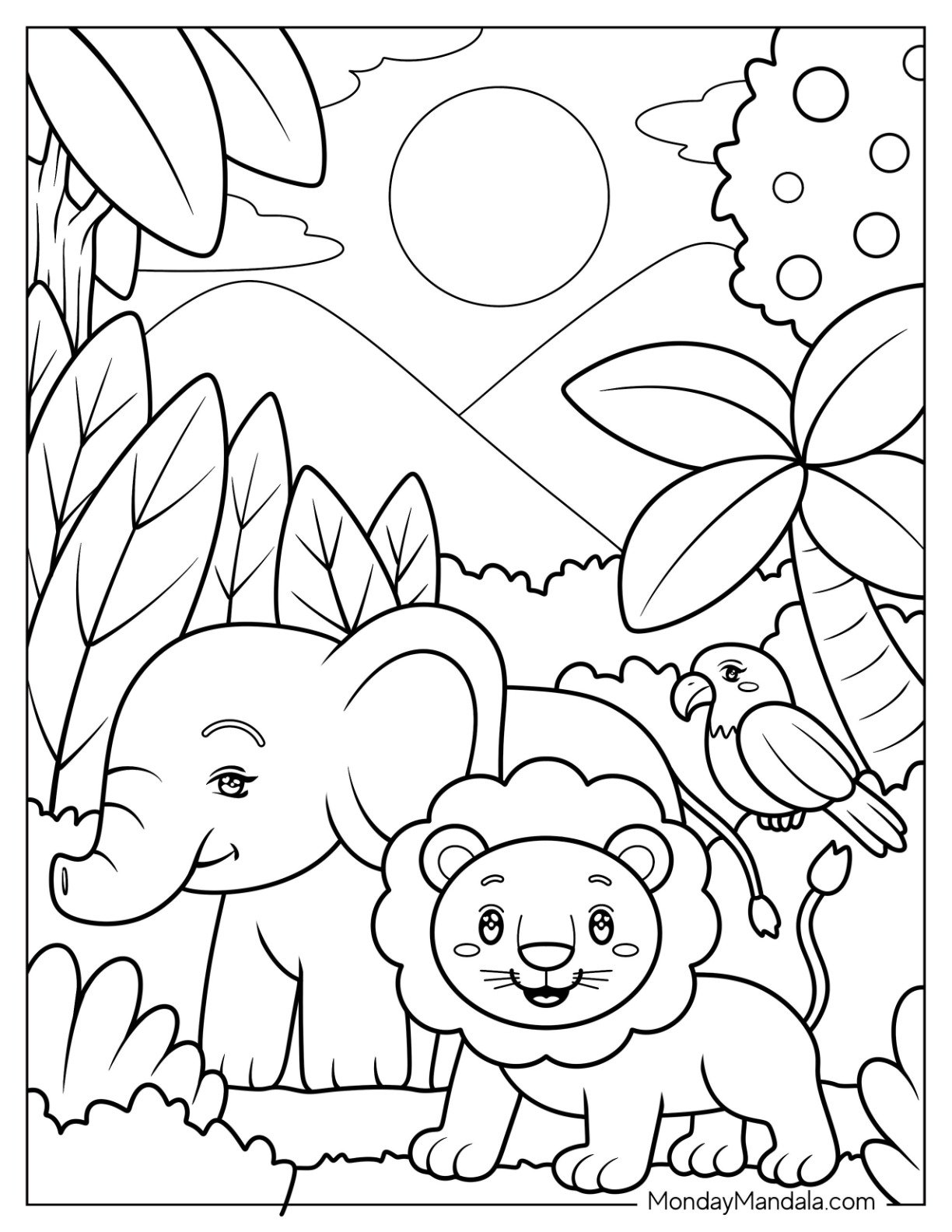 Chibi Lion, Elephant, and Bird in a Sunny Jungle Coloring Page for Kids
