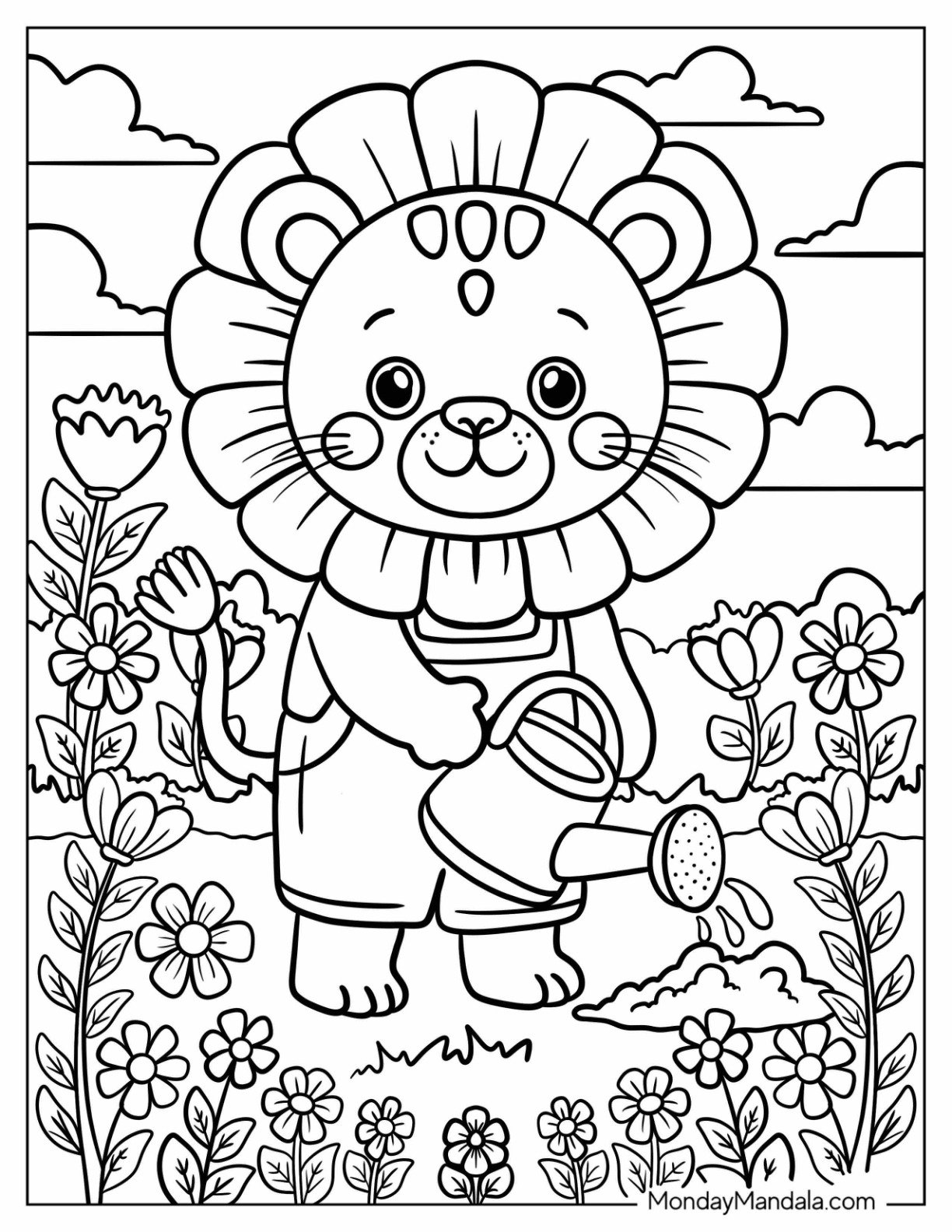 Chibi Lion Coloring Page with Flower Main Watering a Garden