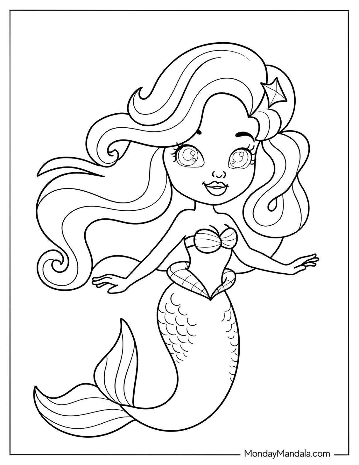 Chibi Mermaid Coloring Page with Big Eyes and Flowing Hair for Preschoolers