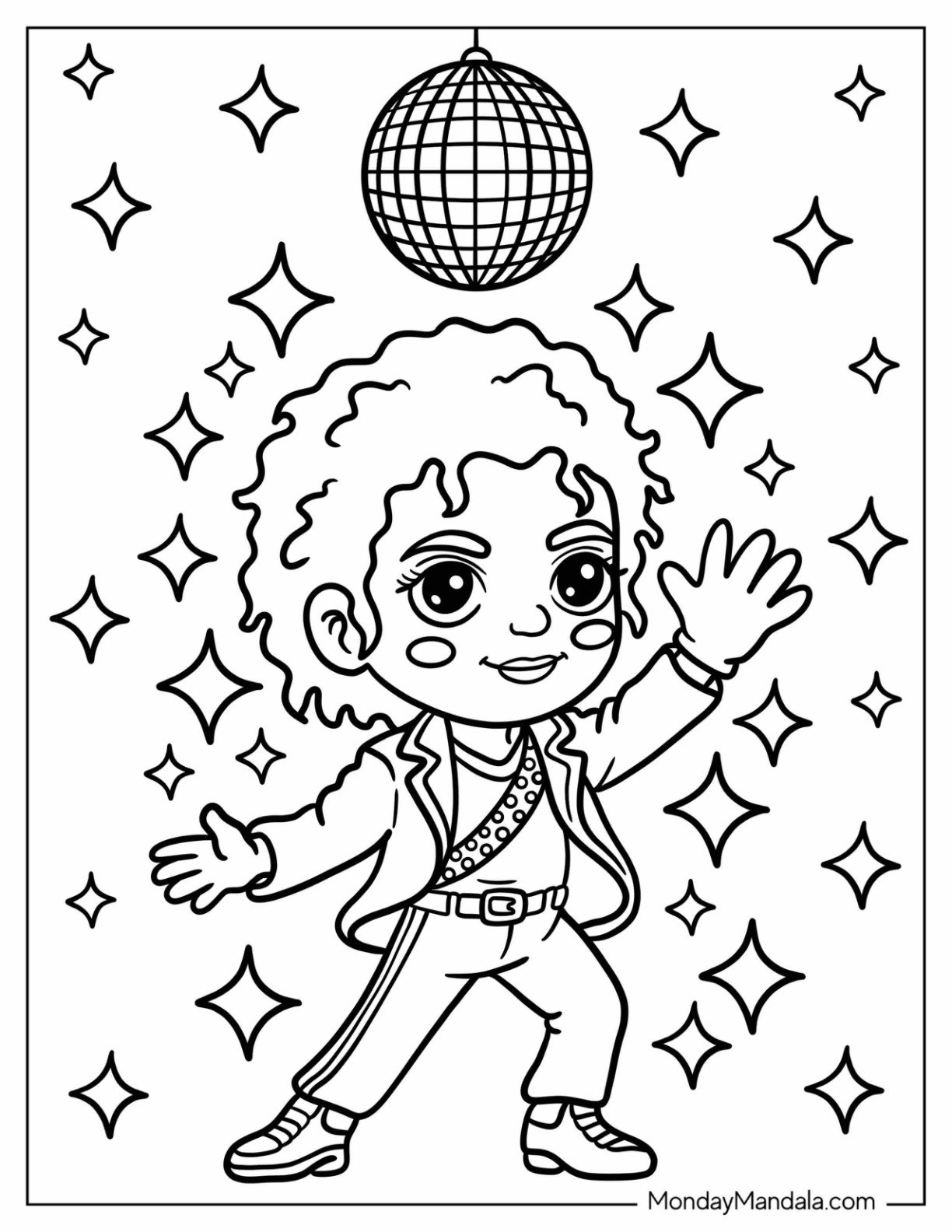 Chibi Michael Jackson Coloring Page Dancing Under Disco Ball with Sparkles for Kids