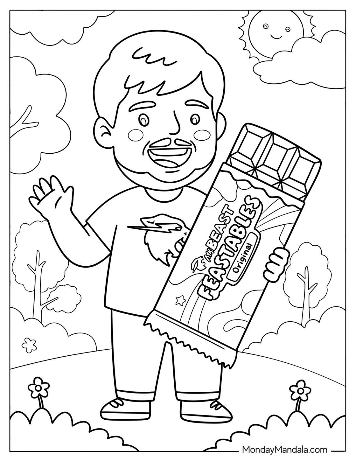 Chibi MrBeast Holding a Feastables Chocolate Bar Coloring Page for Kids