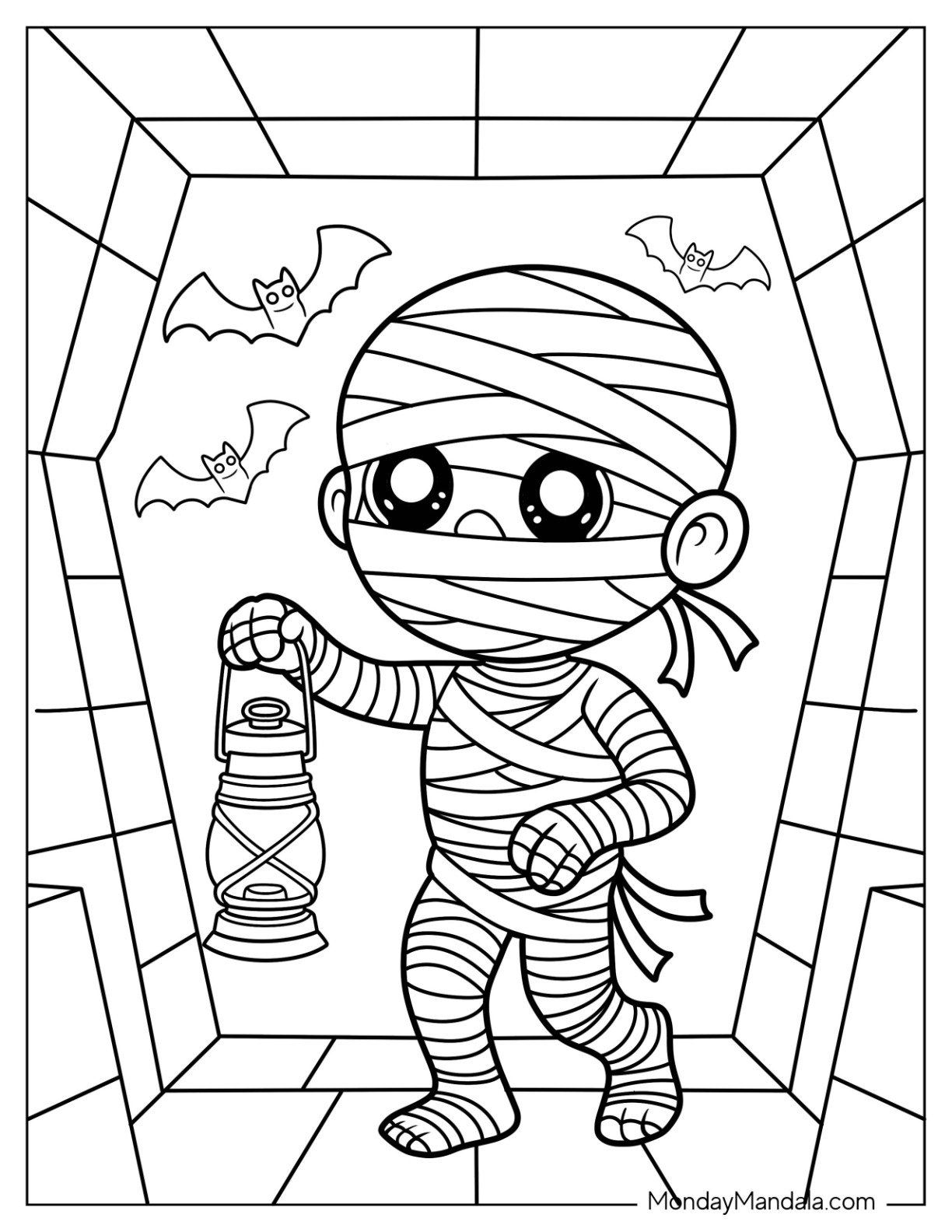 Chibi Mummy Coloring Page Exploring a Tomb with Lantern for Kids