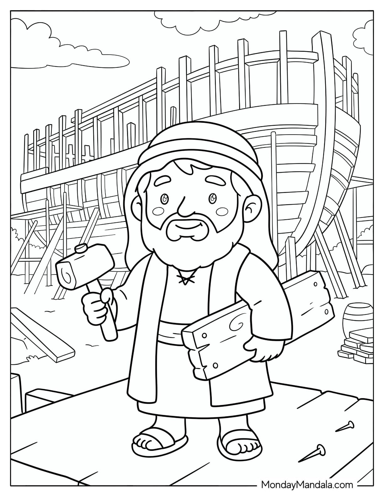 Chibi Noah Constructing the Ark Coloring Page for Preschoolers
