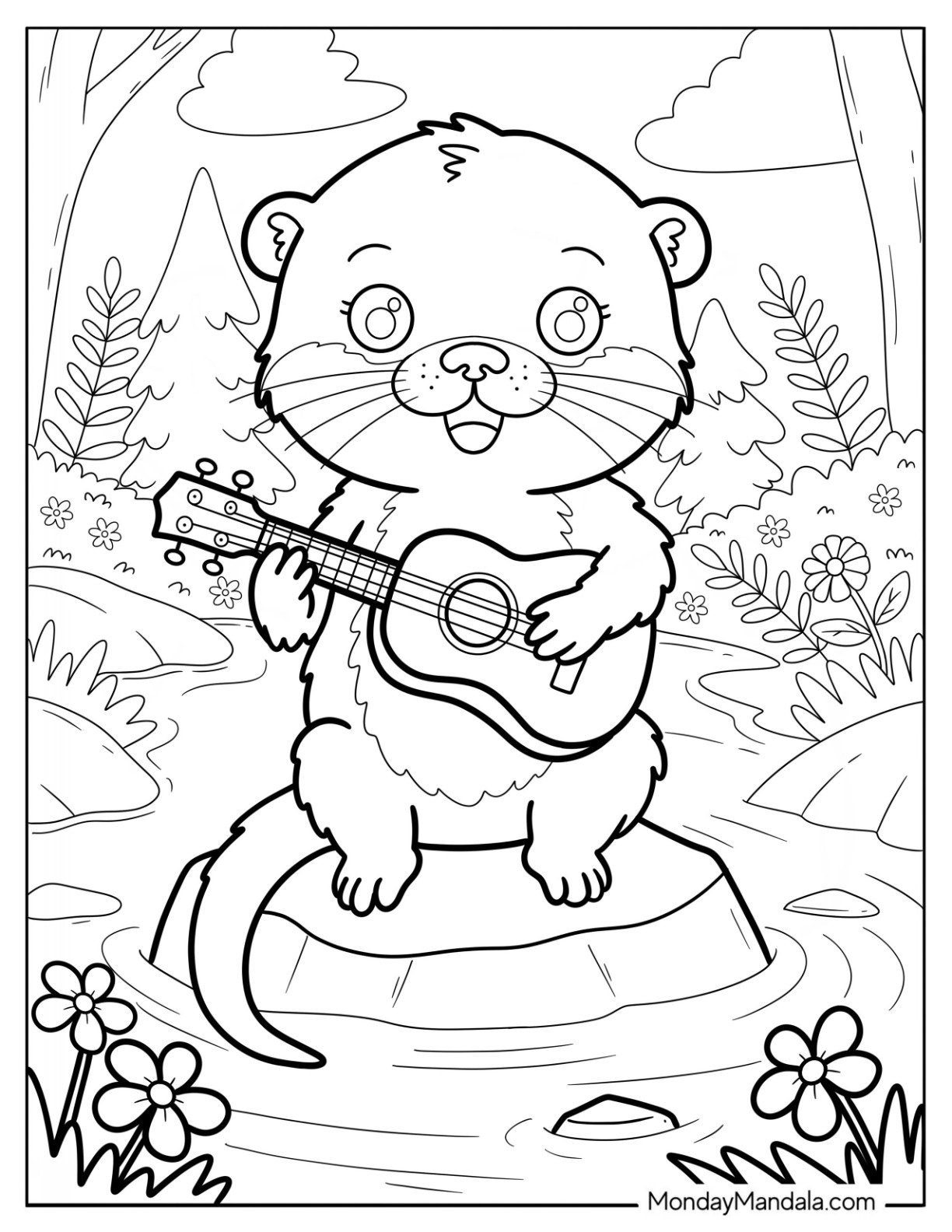 Chibi Otter Coloring Page Playing the Guitar on a Stone in the Forest for Kids