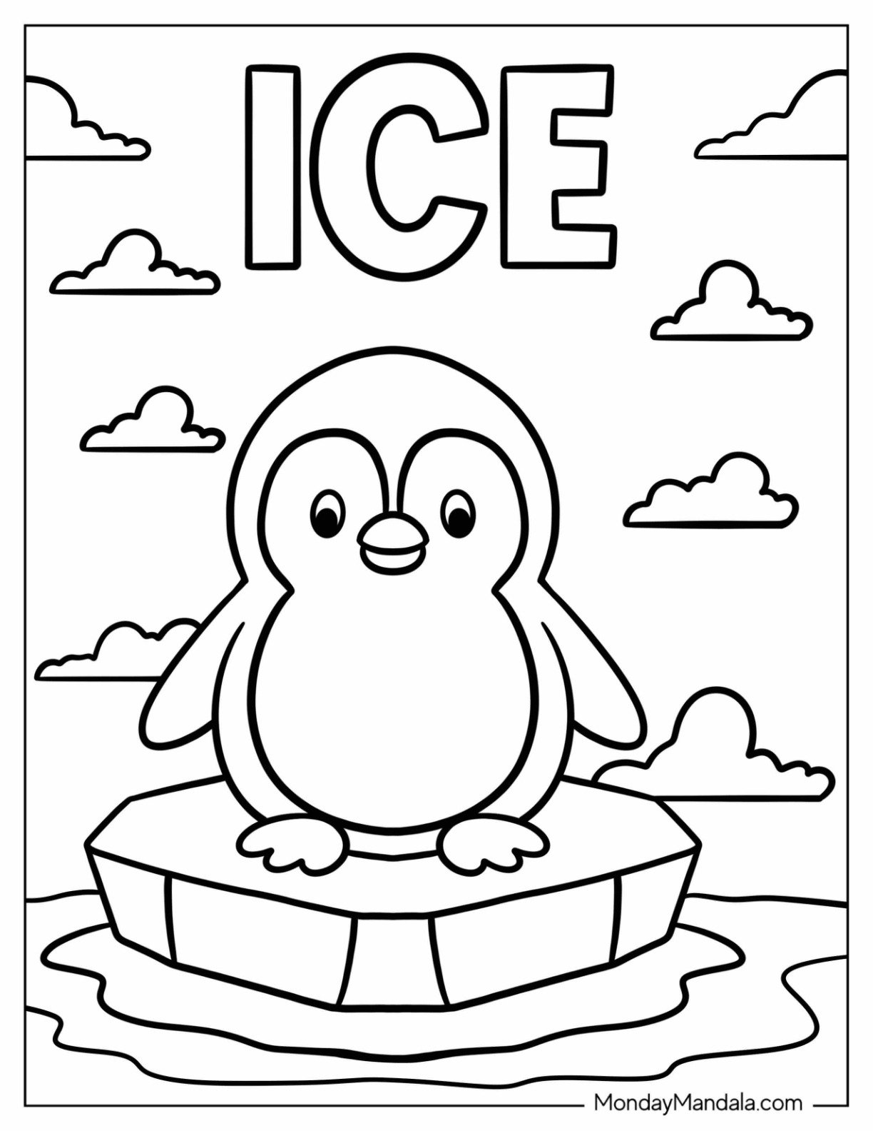 Chibi Penguin Coloring Page with Ice Text in the Sky for Kids