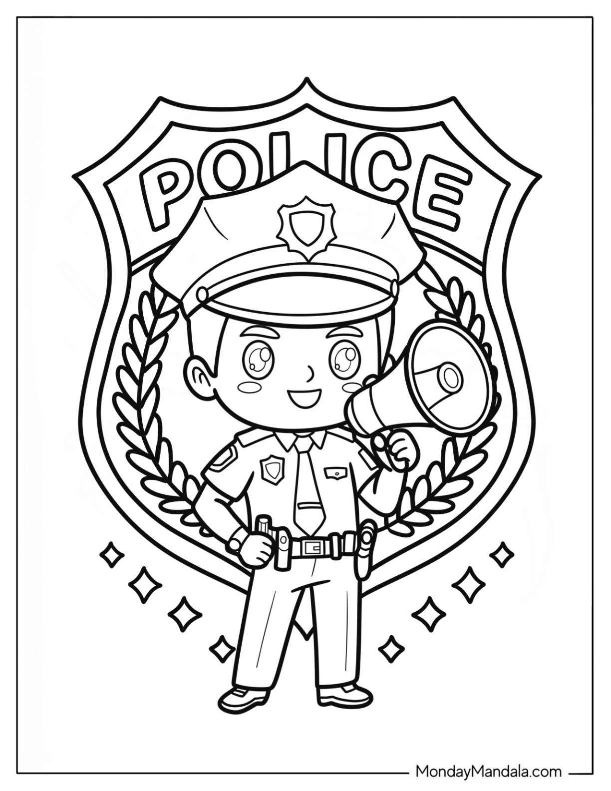 Chibi Police Coloring Page Cop in Front of Law Enforcement Emblem for Preschoolers