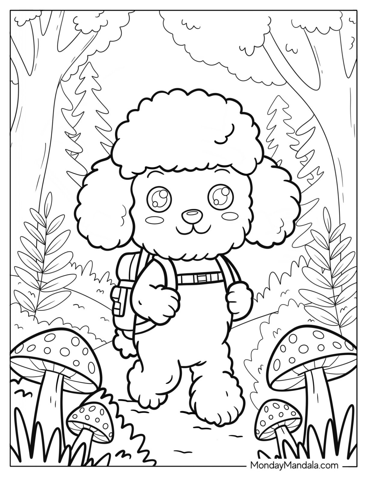 Chibi Poodle Coloring Page with Backpack on a Woodland Trail