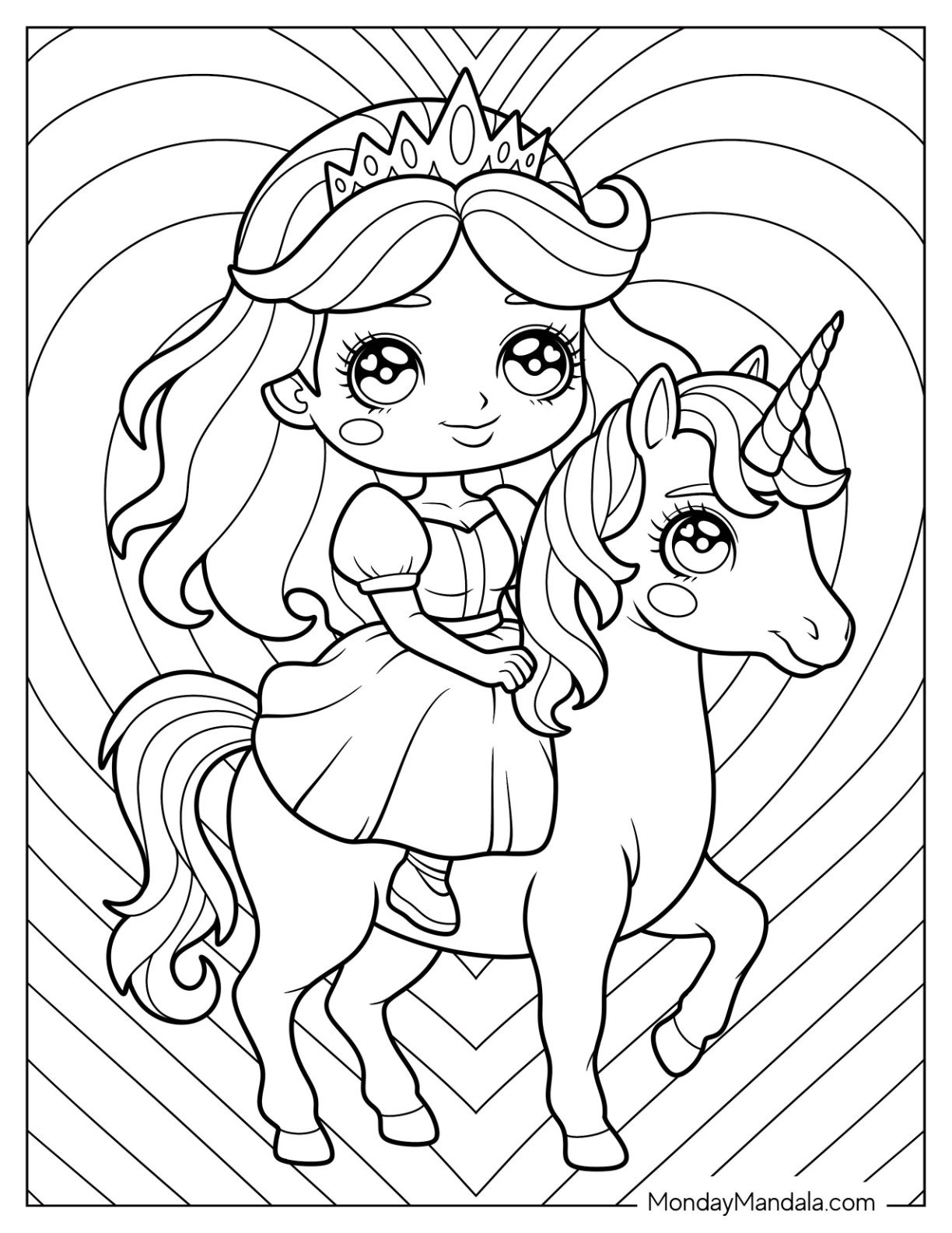 Chibi Princess Coloring Page Riding Unicorn with Heart Background for Kids