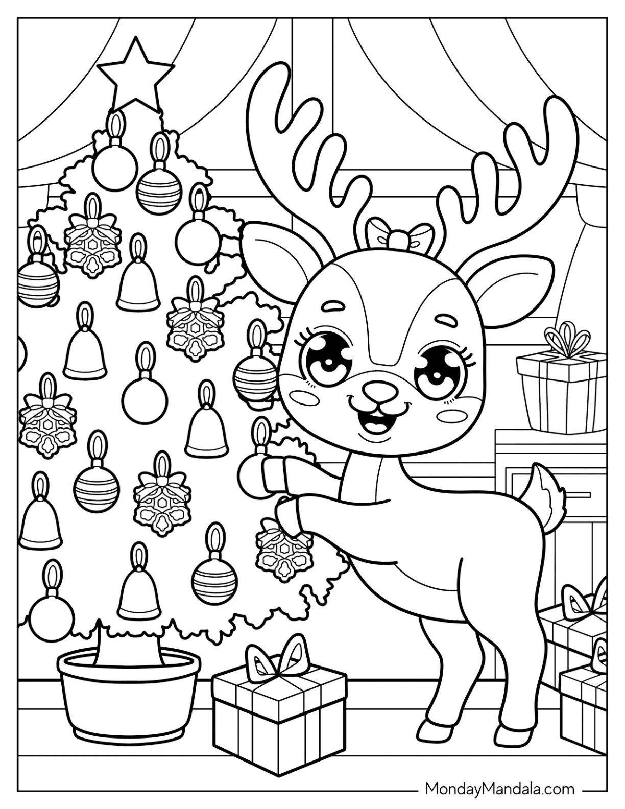 Chibi Reindeer Decorating a Christmas Tree Coloring Sheet for Preschoolers