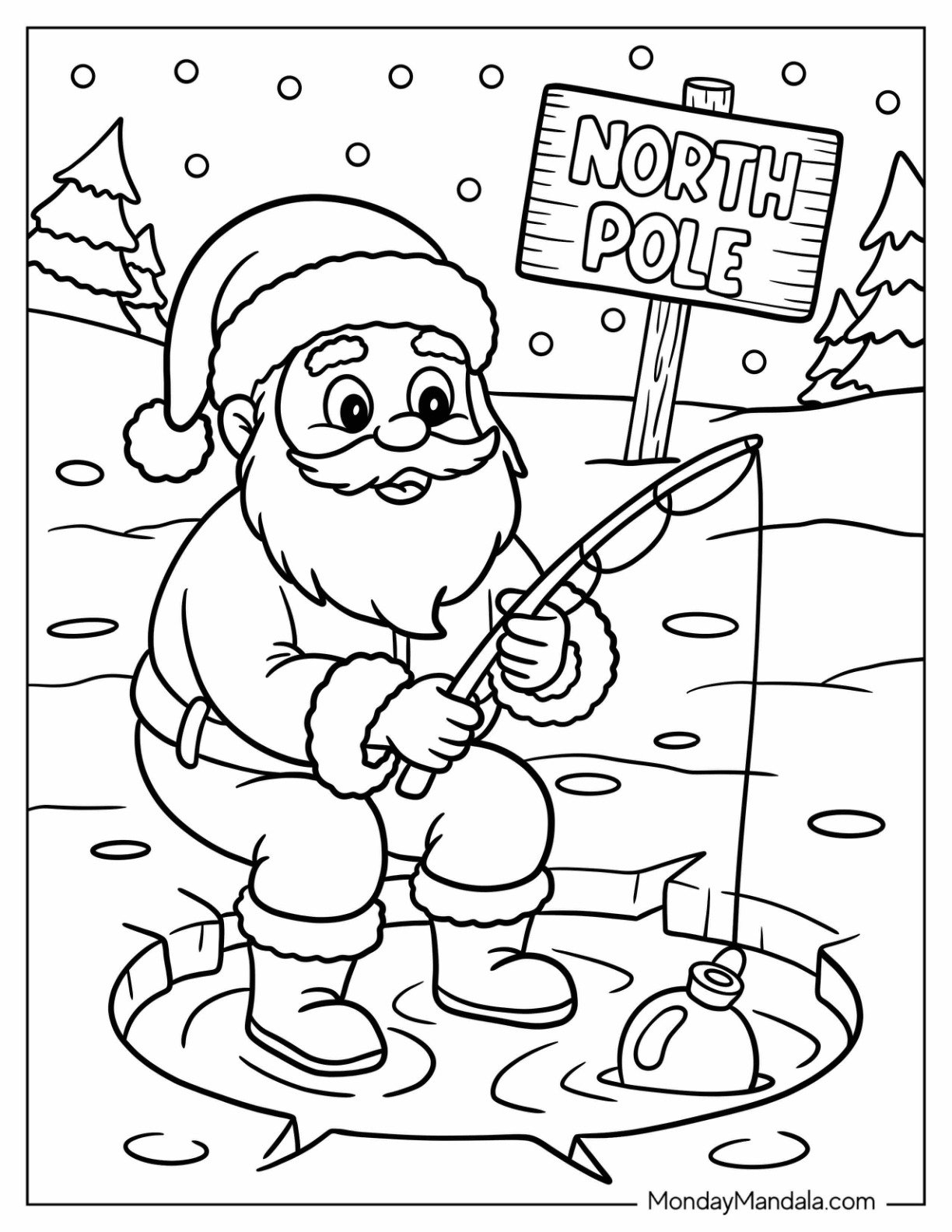 North Pole Coloring Page of Chibi Santa Ice Fishing for Kids