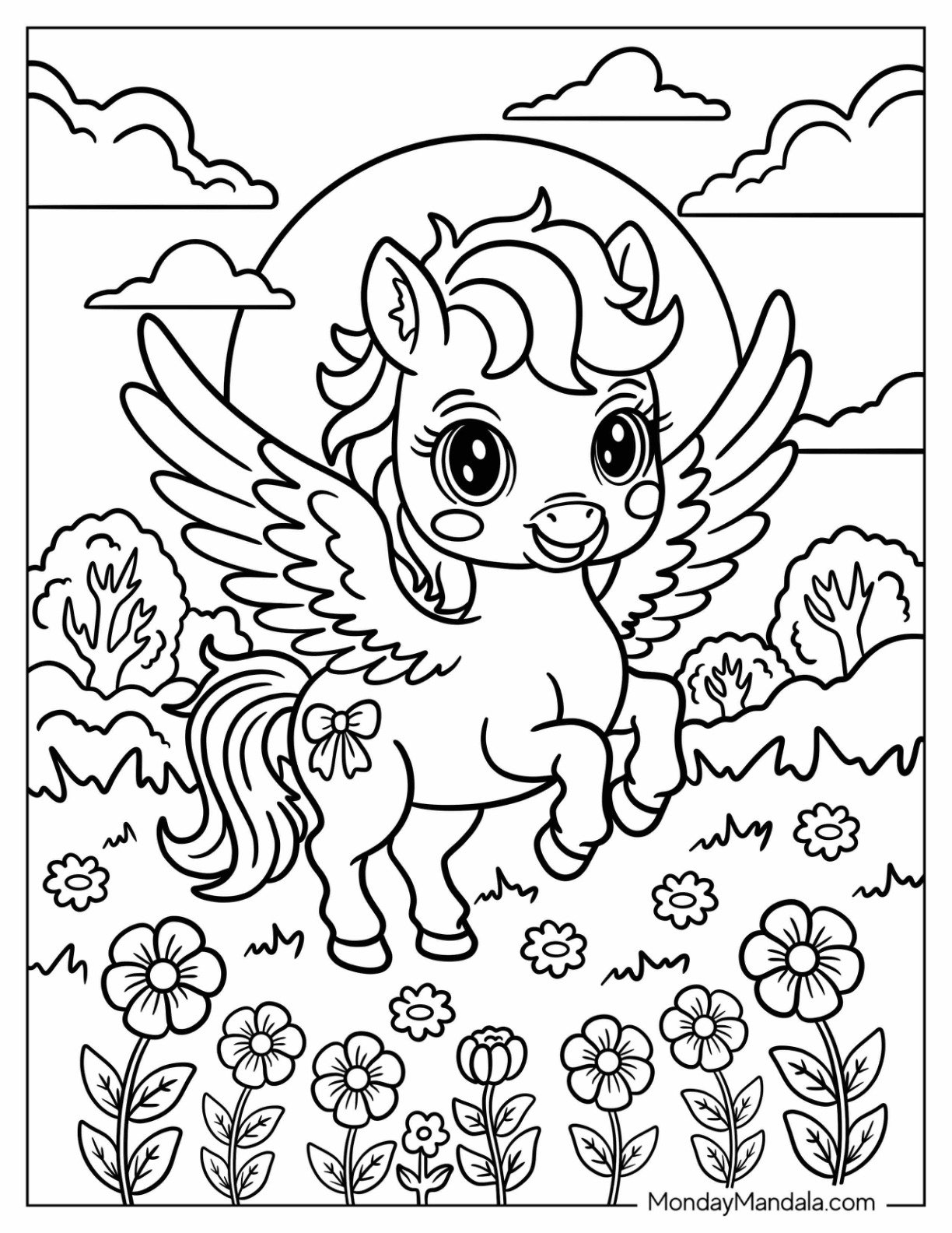 Chibi Style Pegasus Coloring Page with Curly Mane and Blossoms For Kids
