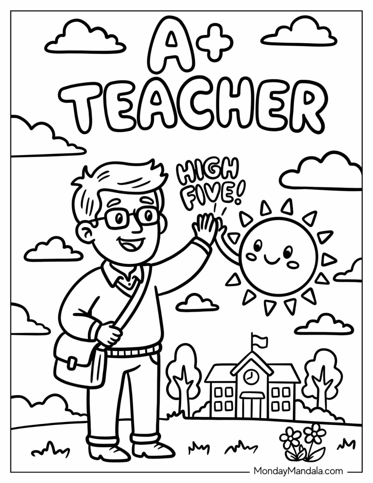 Chibi Teacher Coloring Page Giving the Sun a High Five for Kids