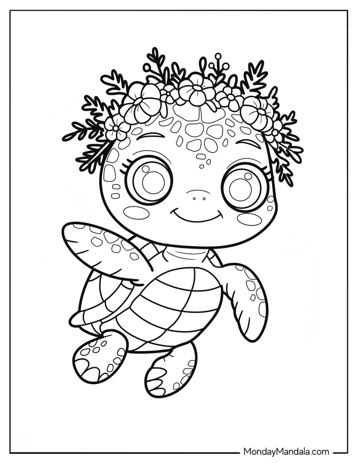 Chibi Turtle Coloring Page with Flower Crown for Preschoolers