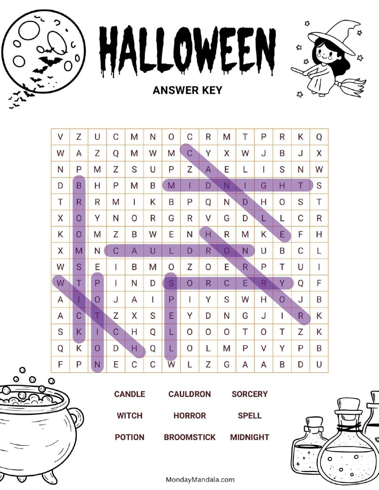 Chibi Witch & Potions Halloween Word Search Answer Key