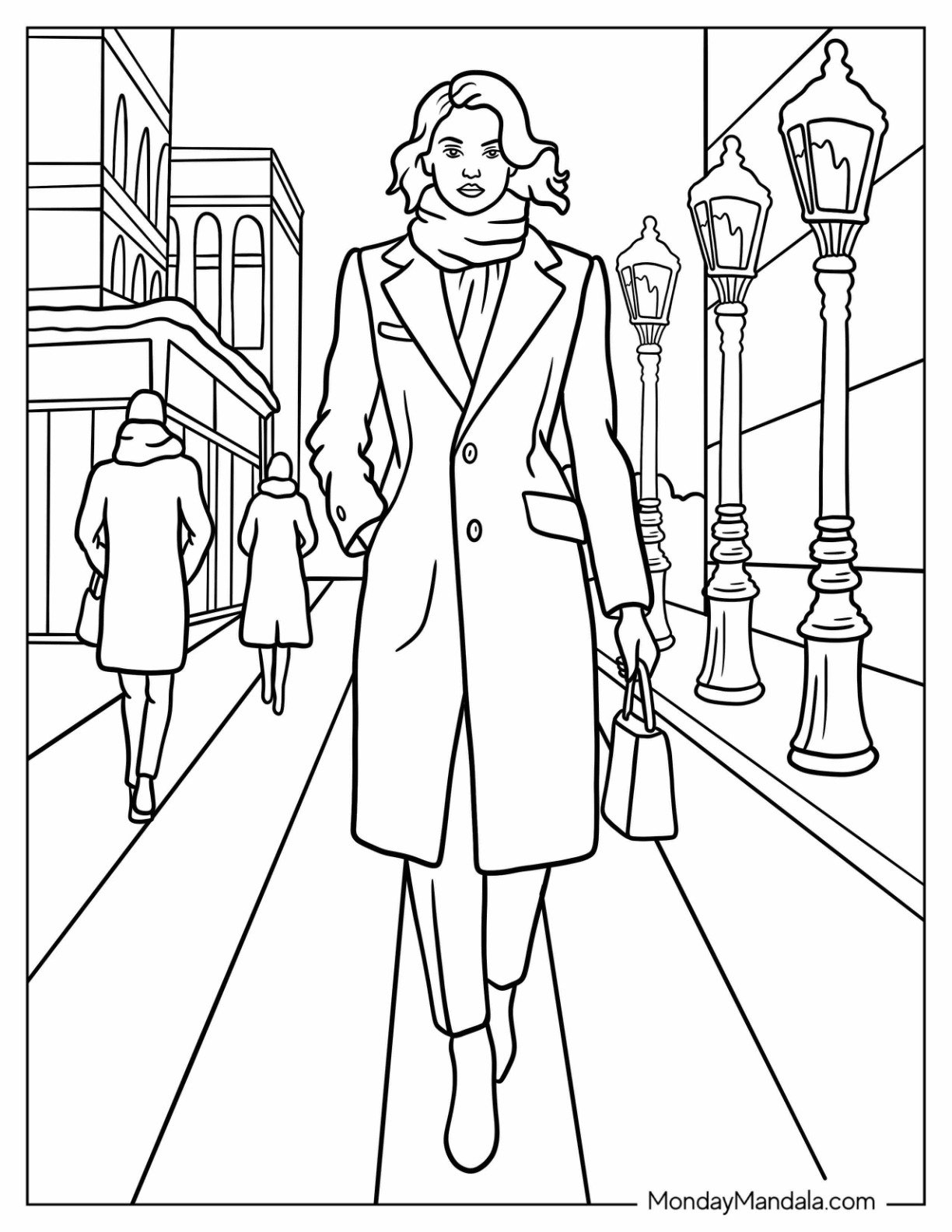 Fashion Coloring Page of Chic Woman in Long Winter Coat and Scarf Walking Through a City