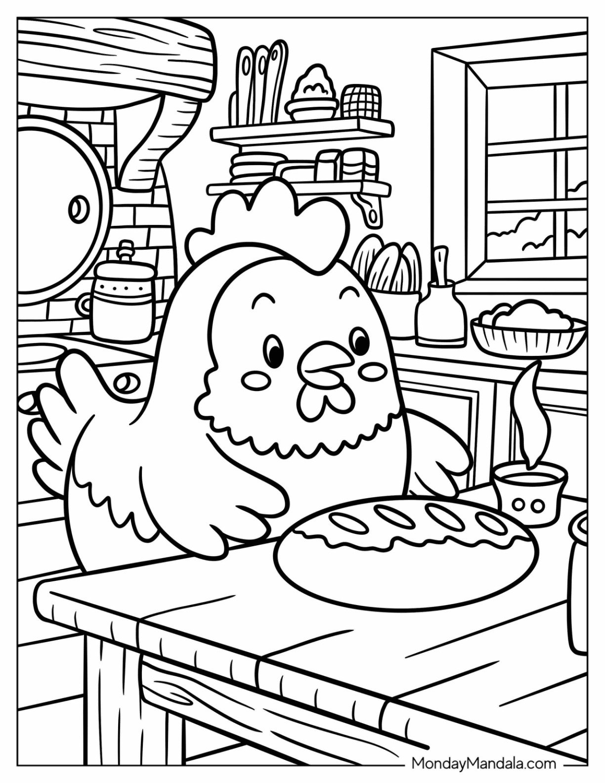 Chicken Coloring Page Baking Bread in Farmhouse Kitchen for Kids