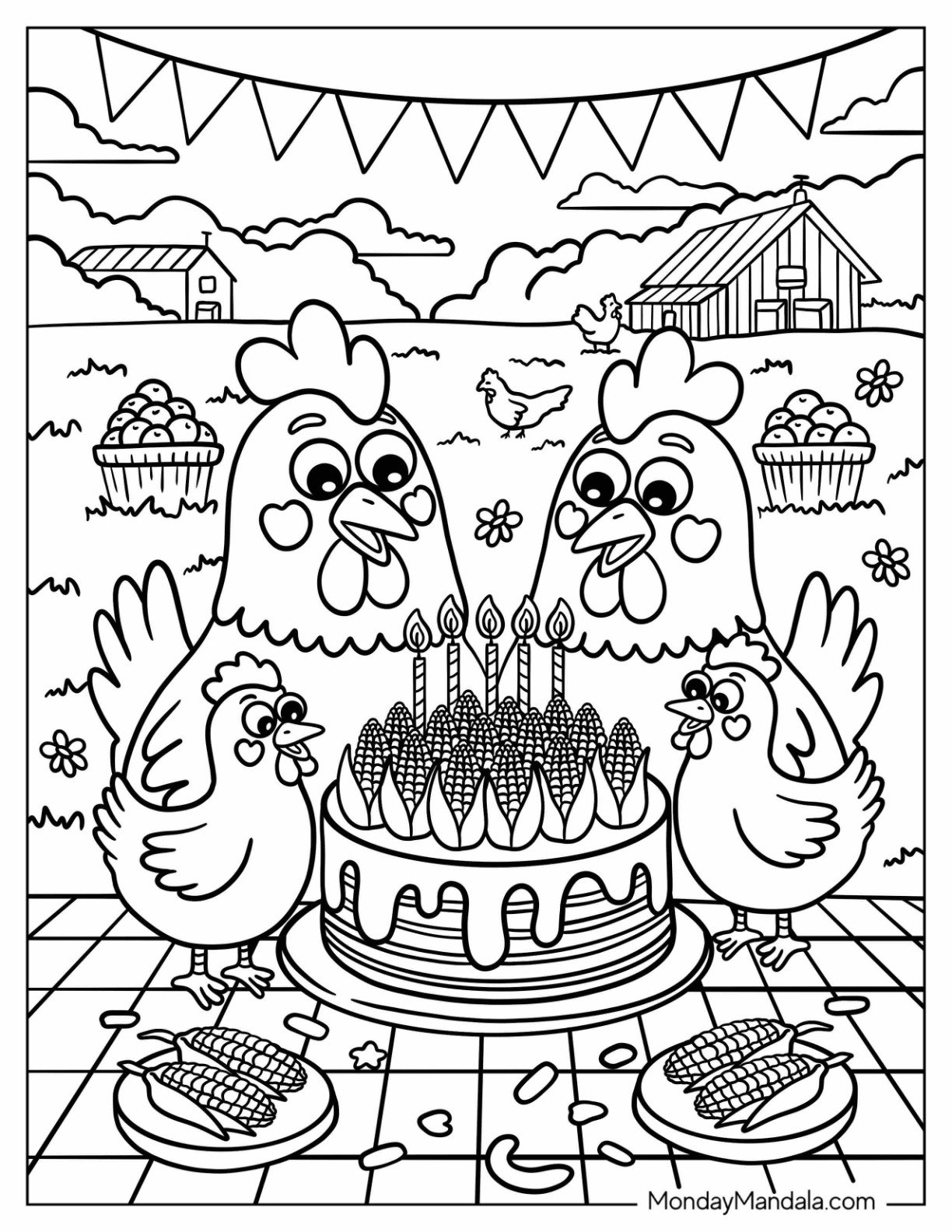 Chicken Coloring Page Birthday Party With Corn Cake And Farm Decorations