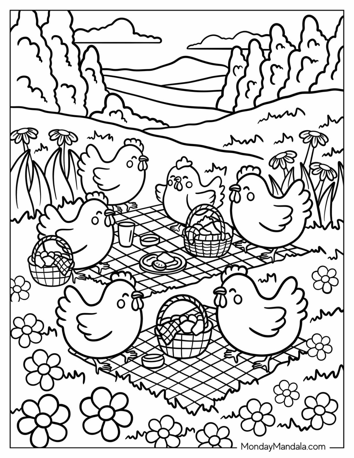 Chicken Coloring Page Picnic In A Flower Field With Baskets And Snacks