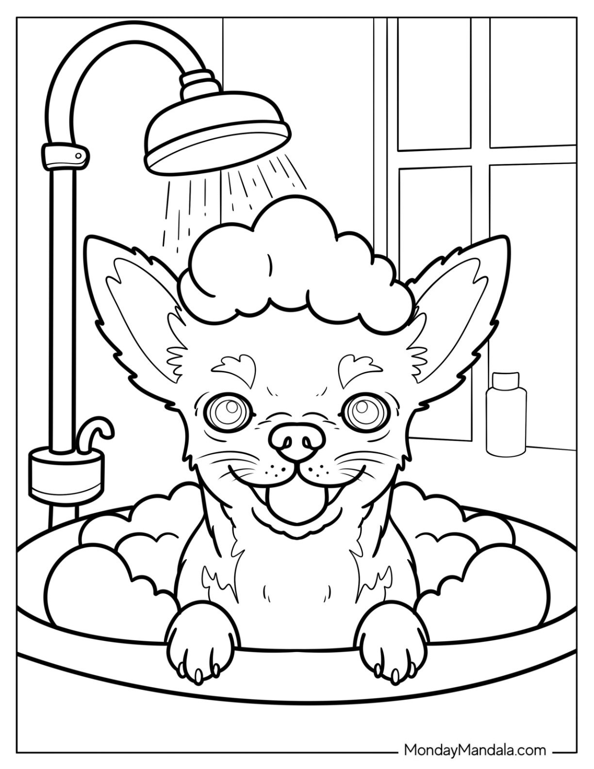 Chihuahua Coloring Page Covered in Suds in the Bathtub for Kids