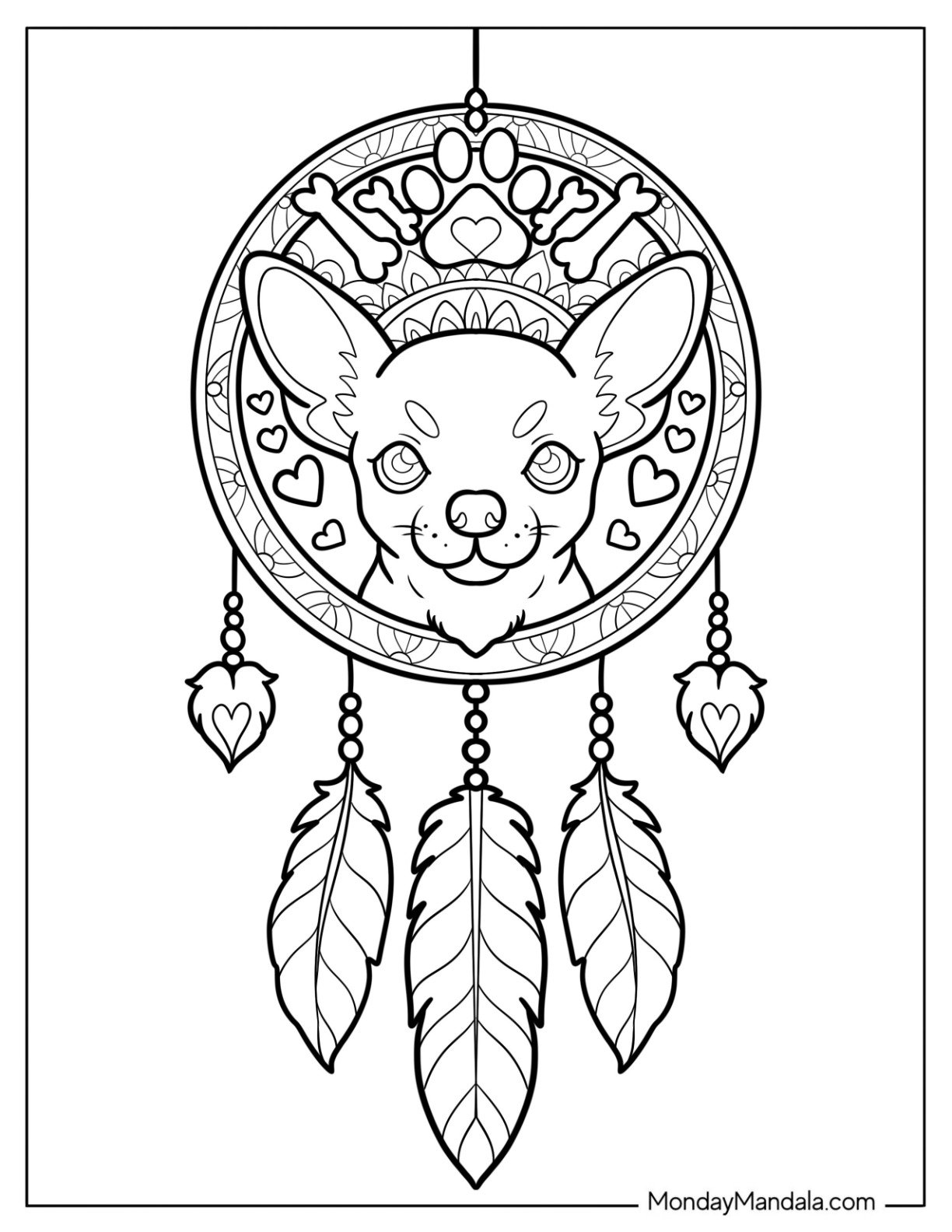 Chihuahua Coloring Page Dreamcatcher with Cute Feathers
