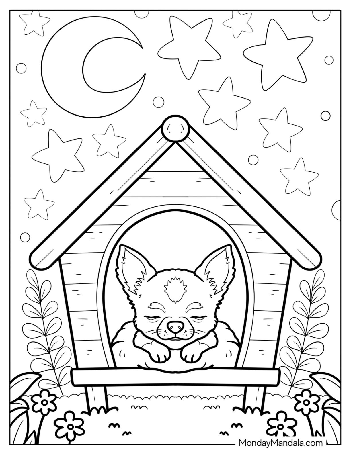 Chihuahua Coloring Page Sleeping Inside a Wooden Dog House