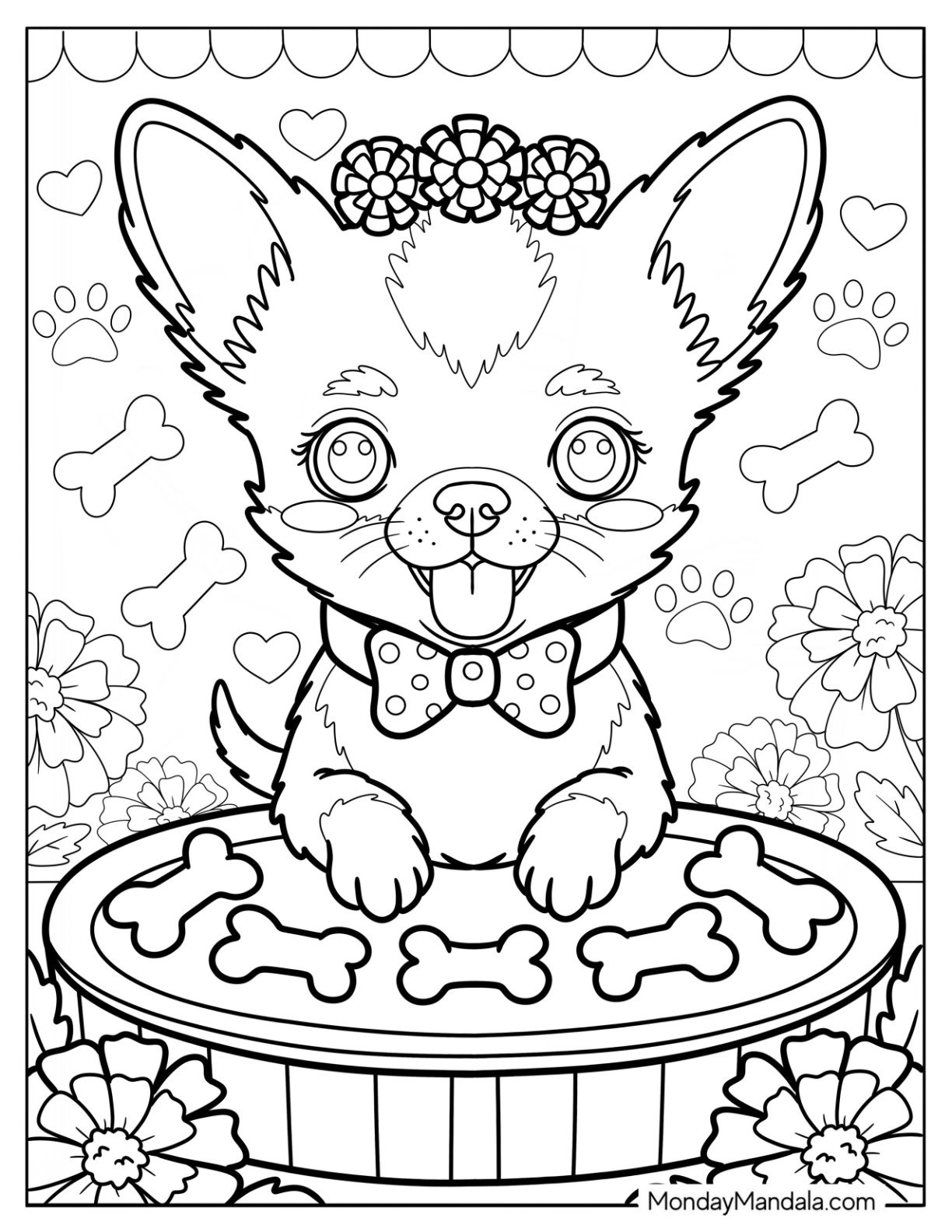 Chihuahua Coloring Page with a Bowtie Leaning Over a Huge Pie with Bone Treats