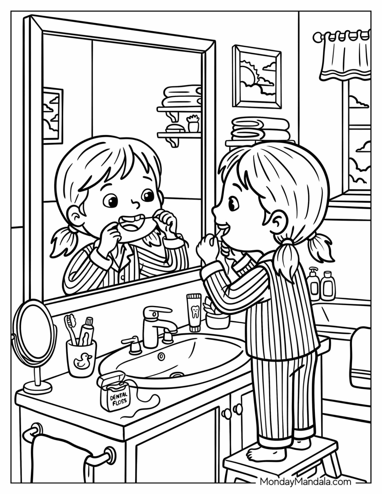 Child Brushing Teeth in Front of a Bathroom Mirror Coloring Page