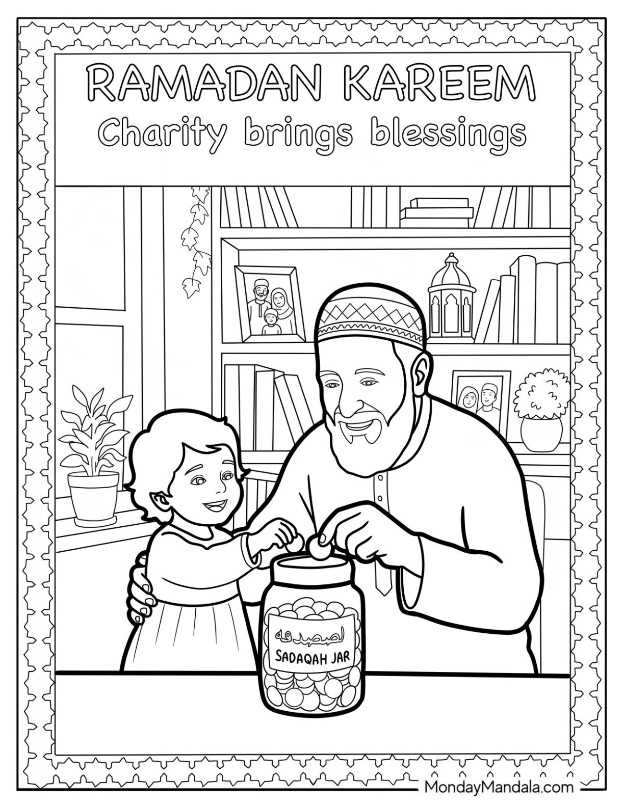 Child Learning About Sadaqah and Kindness During Ramadan Coloring Page