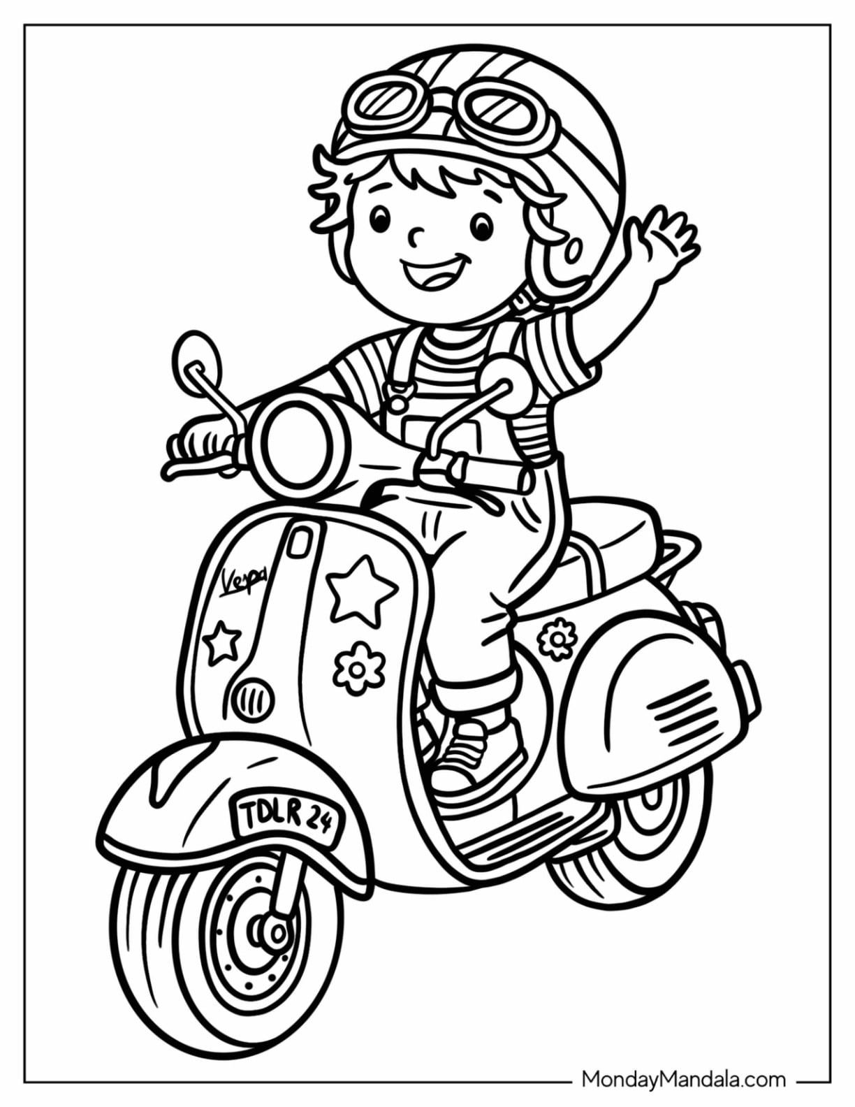 Child Riding a Vespa Scooter in Italy Coloring Page for Kids