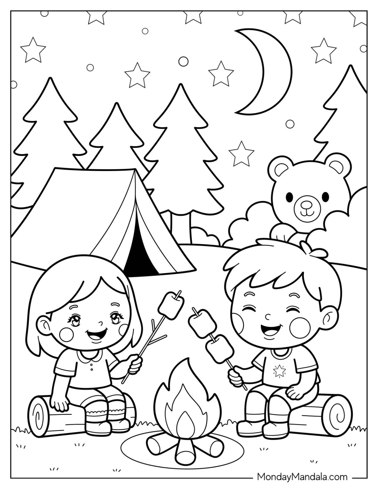 Children Camping & Hiking Coloring Page at Night with Tent, Trees, and Curious Bear for Kids