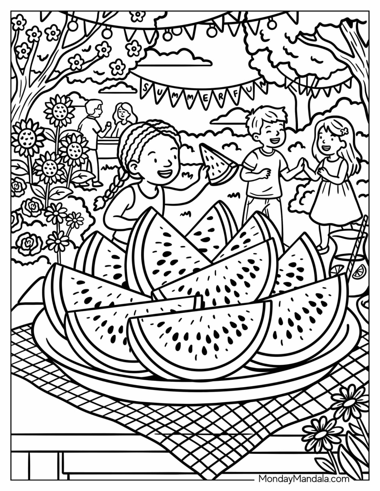 Children Enjoying Watermelon Slices at a Summer Picnic Coloring Page