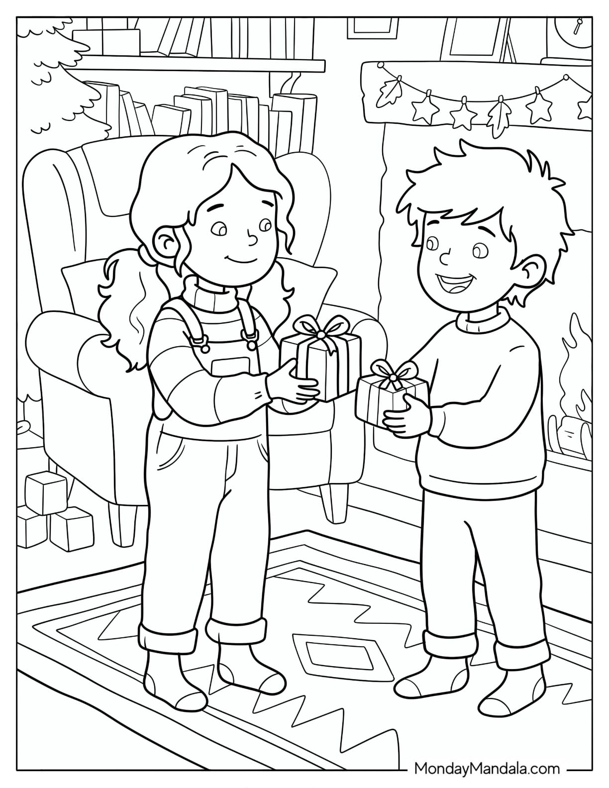 Children Exchanging Christmas Presents by the Fireplace Coloring Sheet