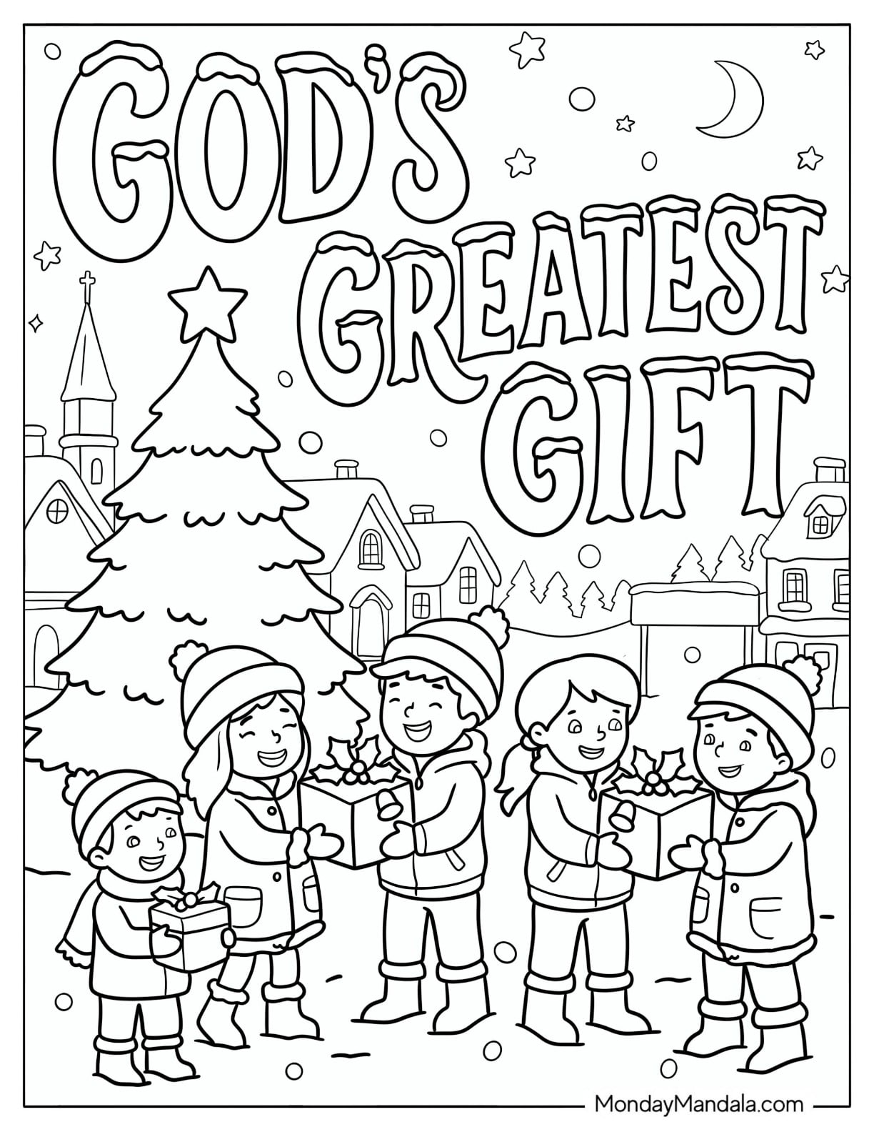 Christian Christmas Coloring Page of Children Exchanging Gifts