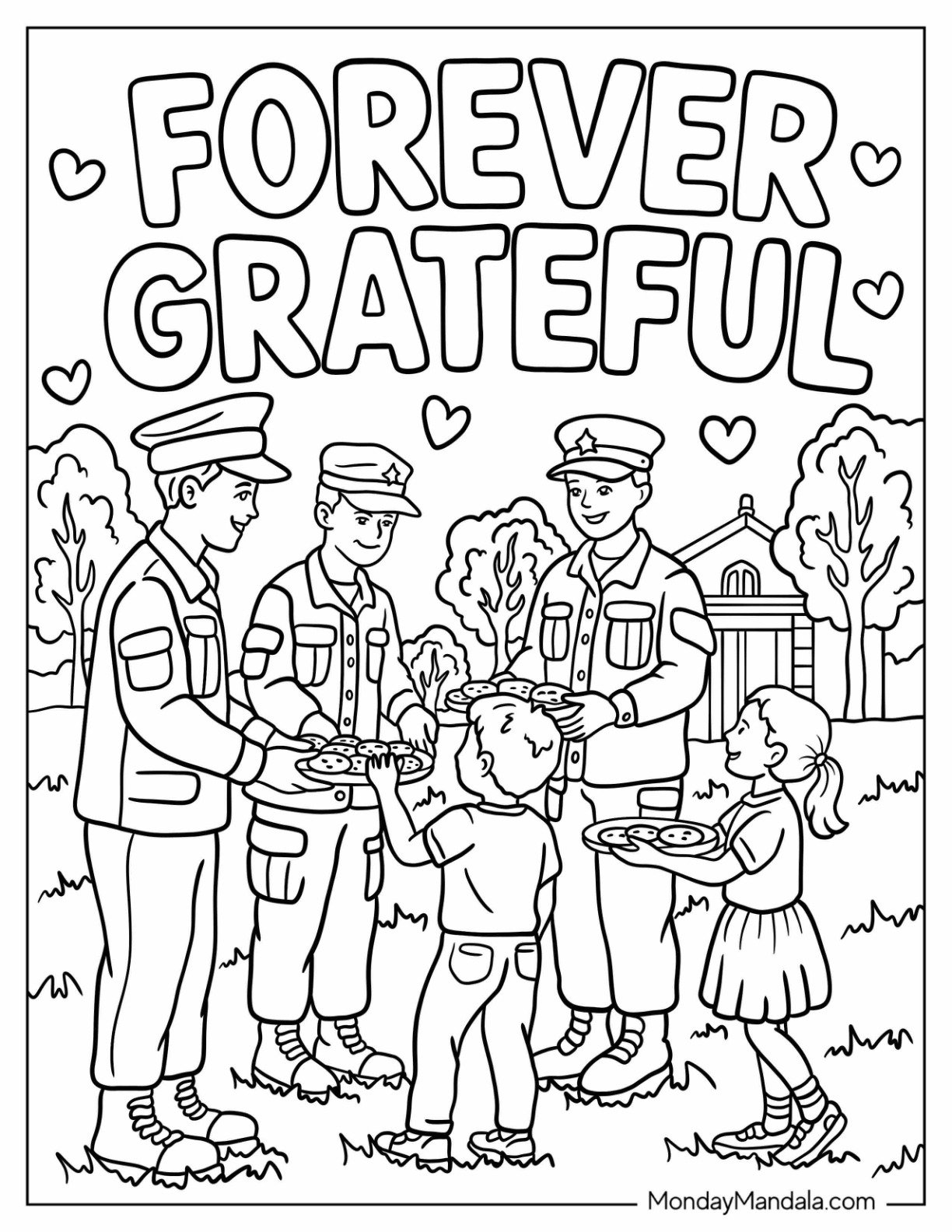 Children Giving Cookies to Soldiers Beneath ‘Forever Grateful’ Text on Memorial Day Coloring Page